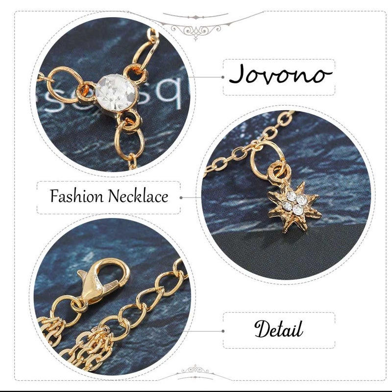Jovono Boho Choker Necklaces Layered Star Pendant Necklace Chain Rhinestone Necklace Chain Jewelry for Women(Set A) - Image 4